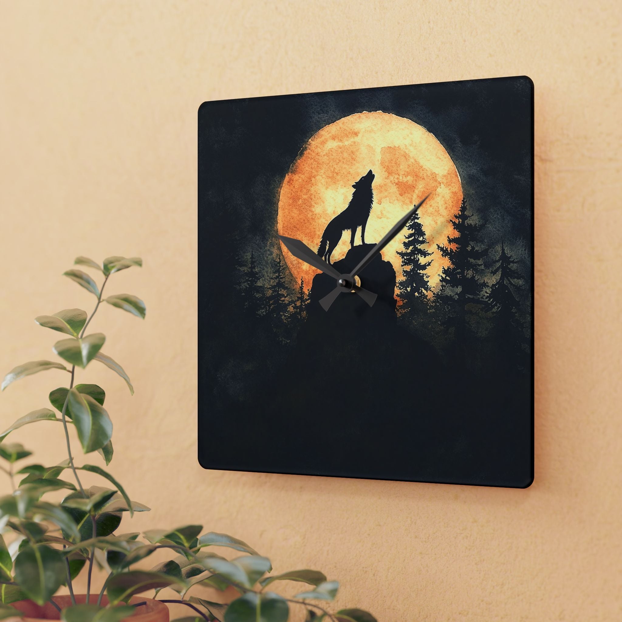 Wall clock with a wolf howling at a full moon design on a beige wall.