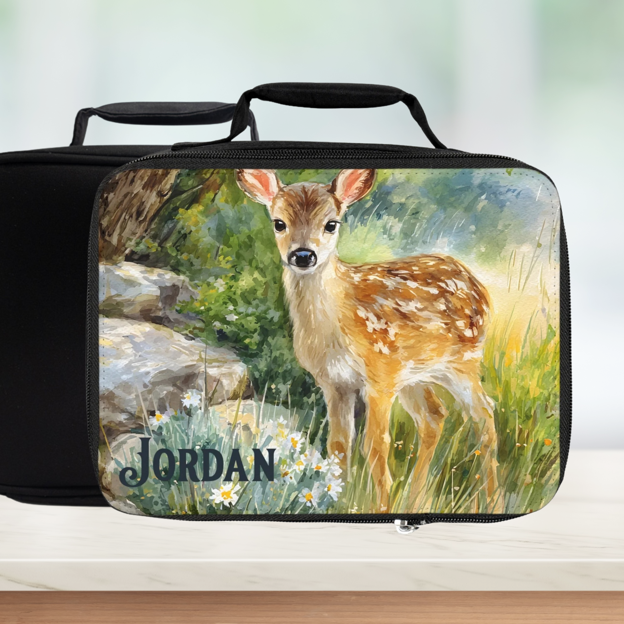 Black lunch bag with a deer design and 'Jordan' text on a counter with a blurred background