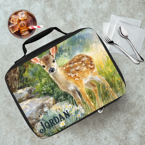 Lunch bag with a deer design and the name 'Jordan' on a table with a drink and utensils.