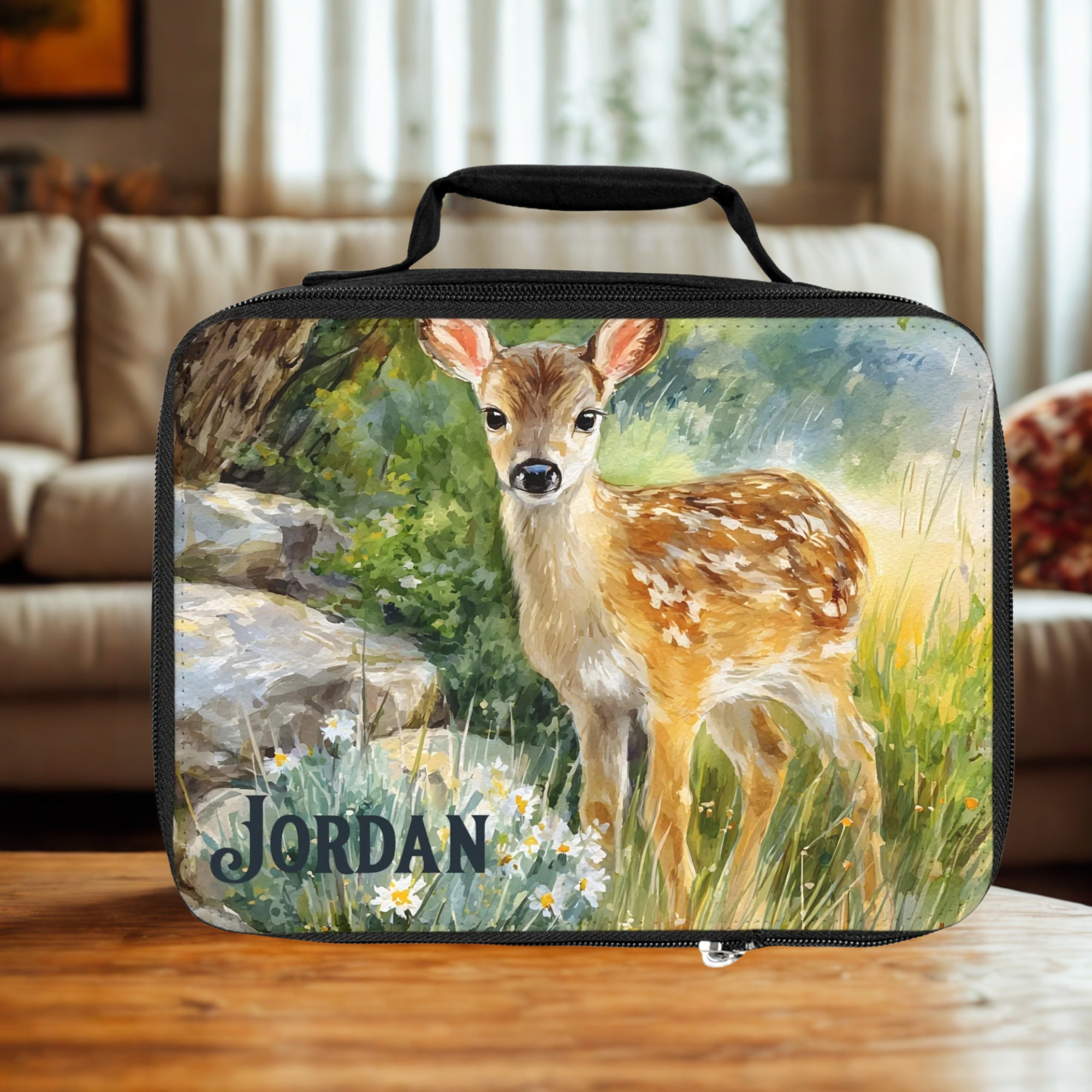  insulated lunch bag with a deer design and 'JORDAN' text on a wooden living room table.