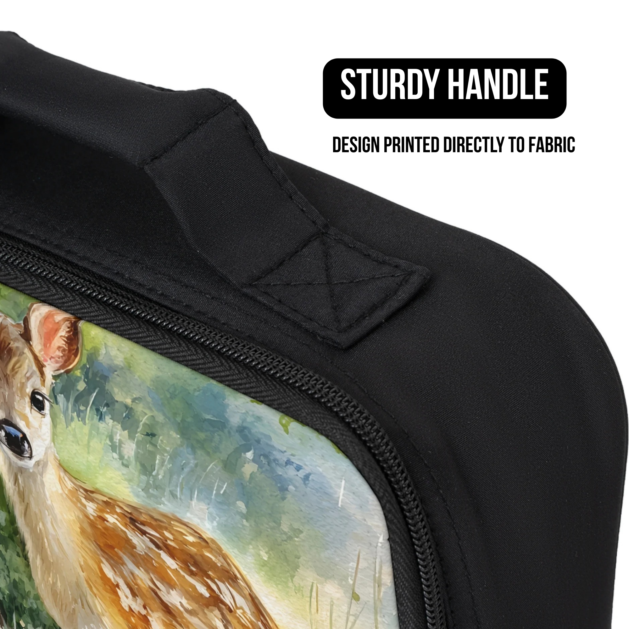 Black lunch bag with a design of a deer on fabric, featuring a sturdy handle.