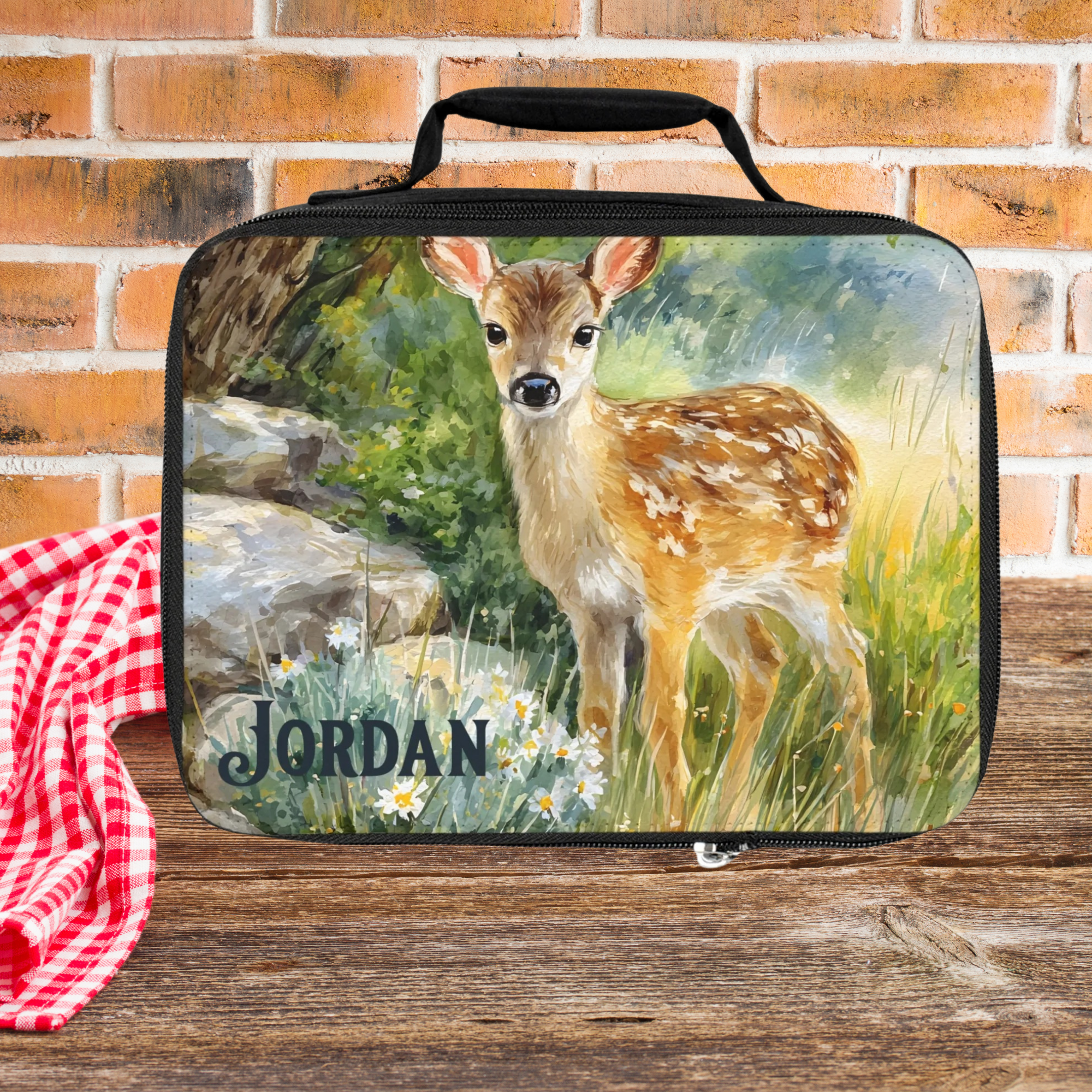  insulated lunch bag with a deer design and 'JORDAN' custom text on a picnic table against a brick wall.