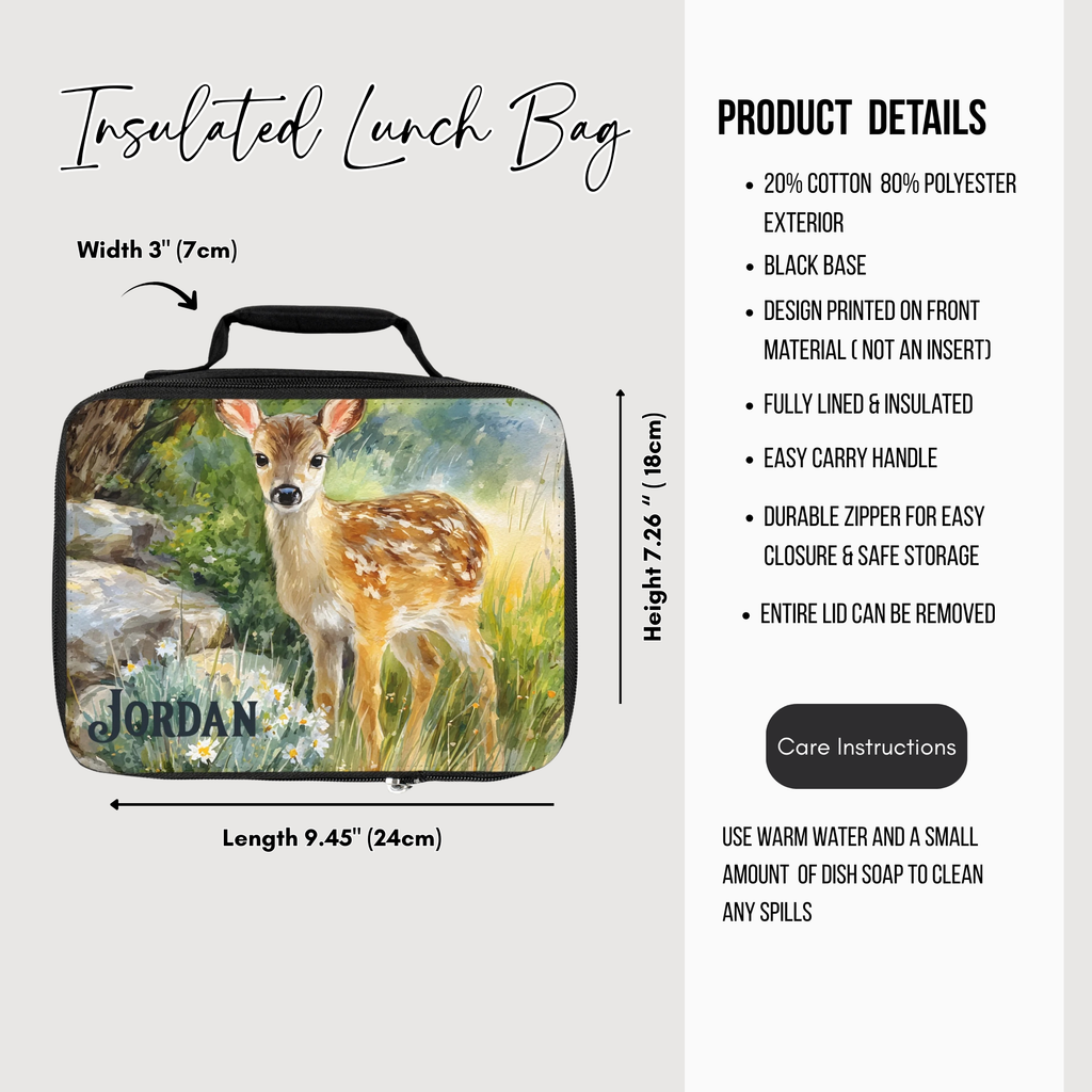 Insulated lunch bag with deer design and product details on a white background