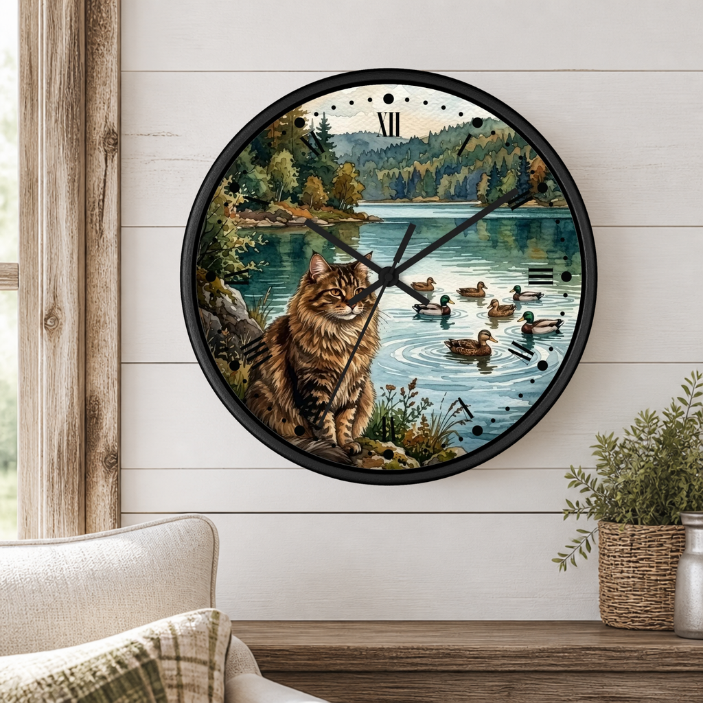A round wall clock with a black frame hangs on a white shiplap wall above a wooden table. The clock face features an illustrated scene of a fluffy brown cat sitting by a lake with ducks, trees, and mountains.