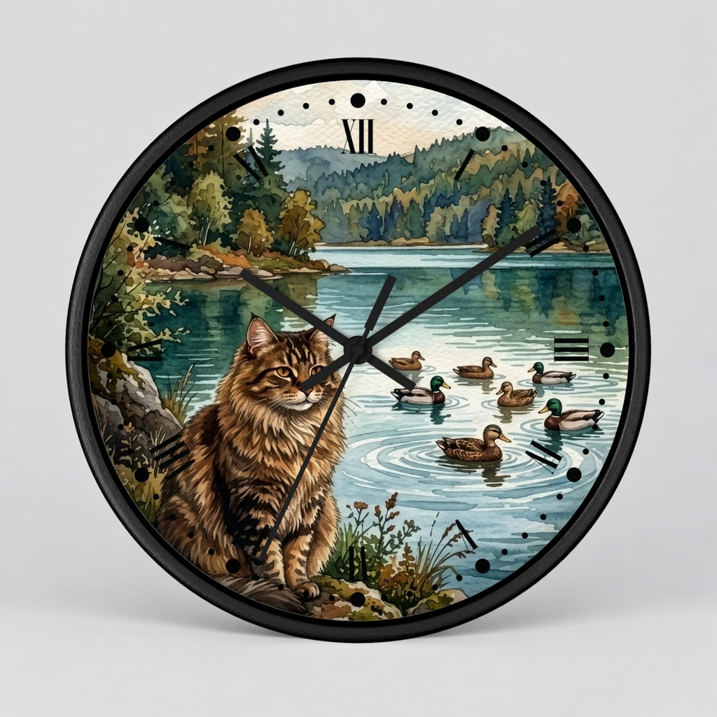 Main Coon Tabby Cat and Ducks by a Peaceful Lakeside Wood Wall Clock