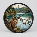 Main Coon Tabby Cat and Ducks by a Peaceful Lakeside Wood Wall Clock