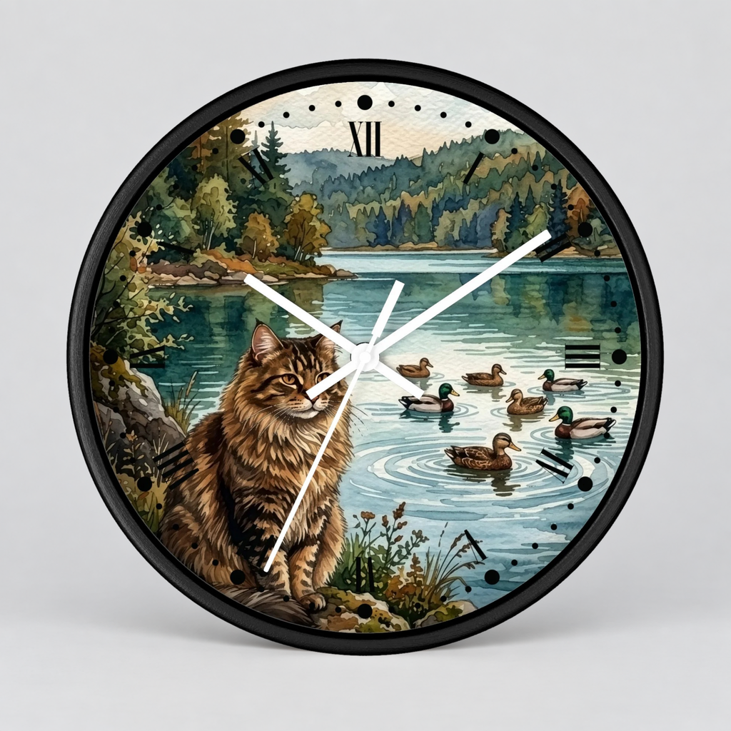 Main Coon Tabby Cat and Ducks by a Peaceful Lakeside Wood Wall Clock