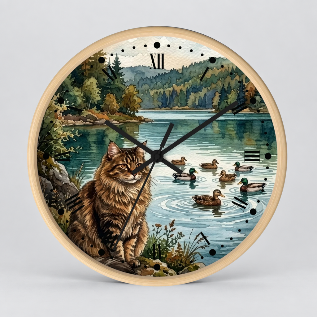 Main Coon Tabby Cat and Ducks by a Peaceful Lakeside Wood Wall Clock