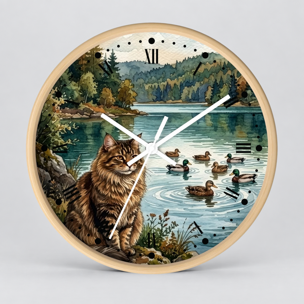 Main Coon Tabby Cat and Ducks by a Peaceful Lakeside Wood Wall Clock