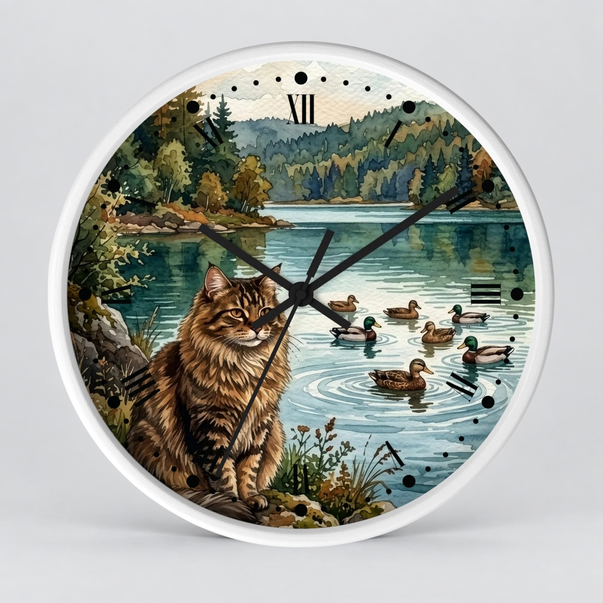 Main Coon Tabby Cat and Ducks by a Peaceful Lakeside Wood Wall Clock