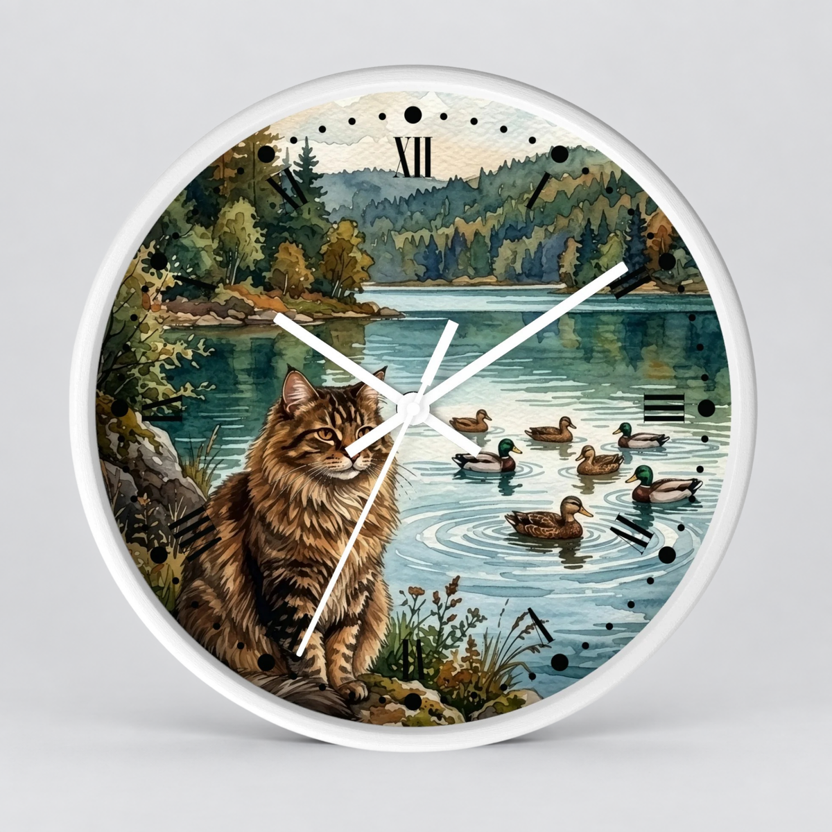 Main Coon Tabby Cat and Ducks by a Peaceful Lakeside Wood Wall Clock
