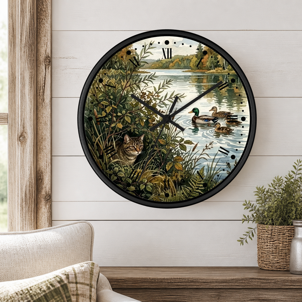 Round wall clock with a black frame and a nature scene print featuring ducks on water and a cat in bushes, mounted on a white shiplap wall above a wooden table with a plant.