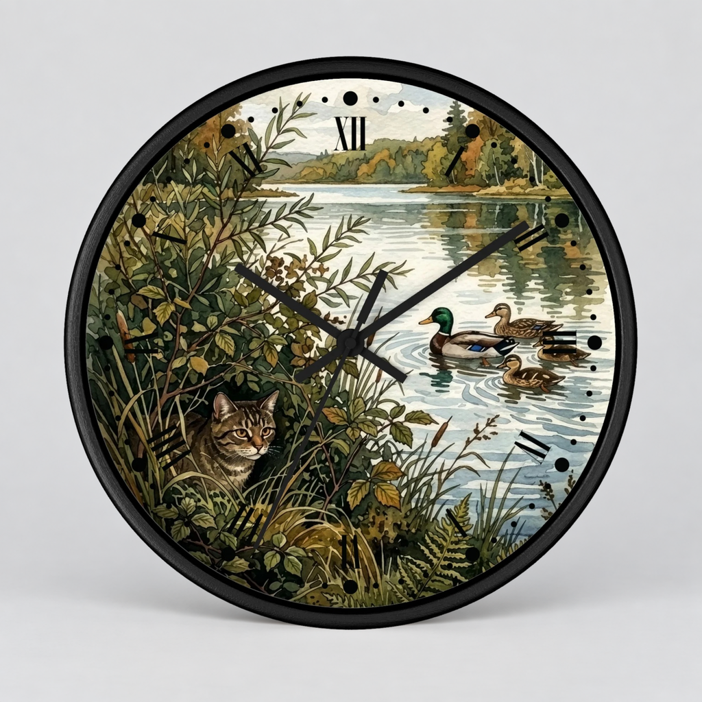 Woodland Cat and Ducks Lakeside Nature Wall Clock
