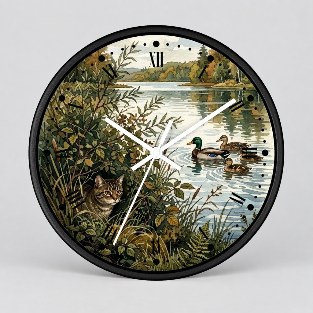Woodland Cat and Ducks Lakeside Nature Wall Clock