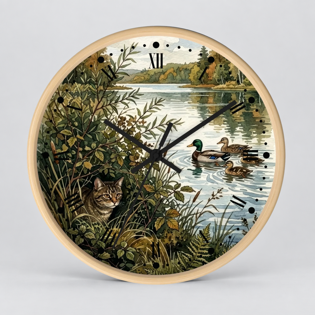 Woodland Cat and Ducks Lakeside Nature Wall Clock