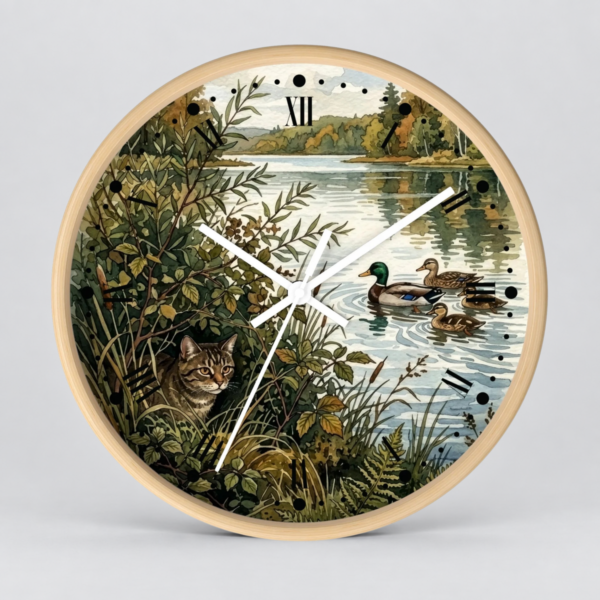 Woodland Cat and Ducks Lakeside Nature Wall Clock