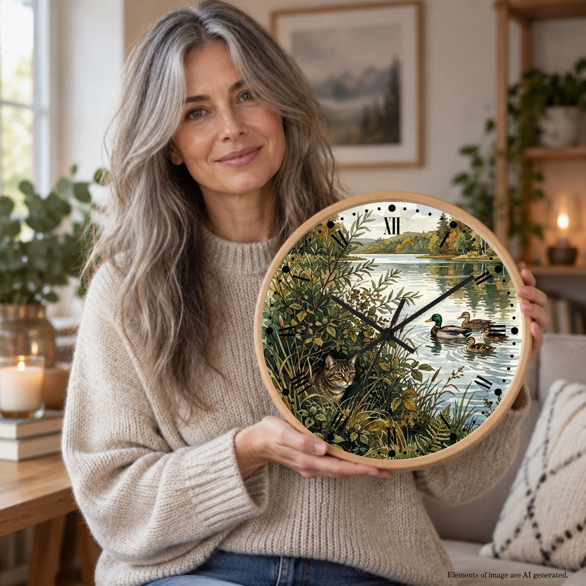 Woodland Cat and Ducks Lakeside Nature Wall Clock