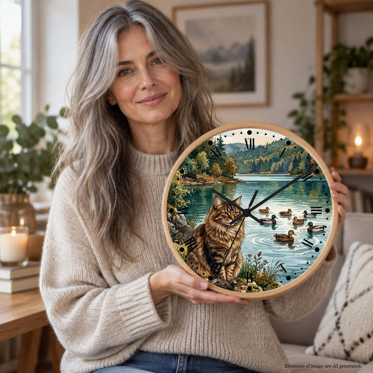 Main Coon Tabby Cat and Ducks by a Peaceful Lakeside Wood Wall Clock