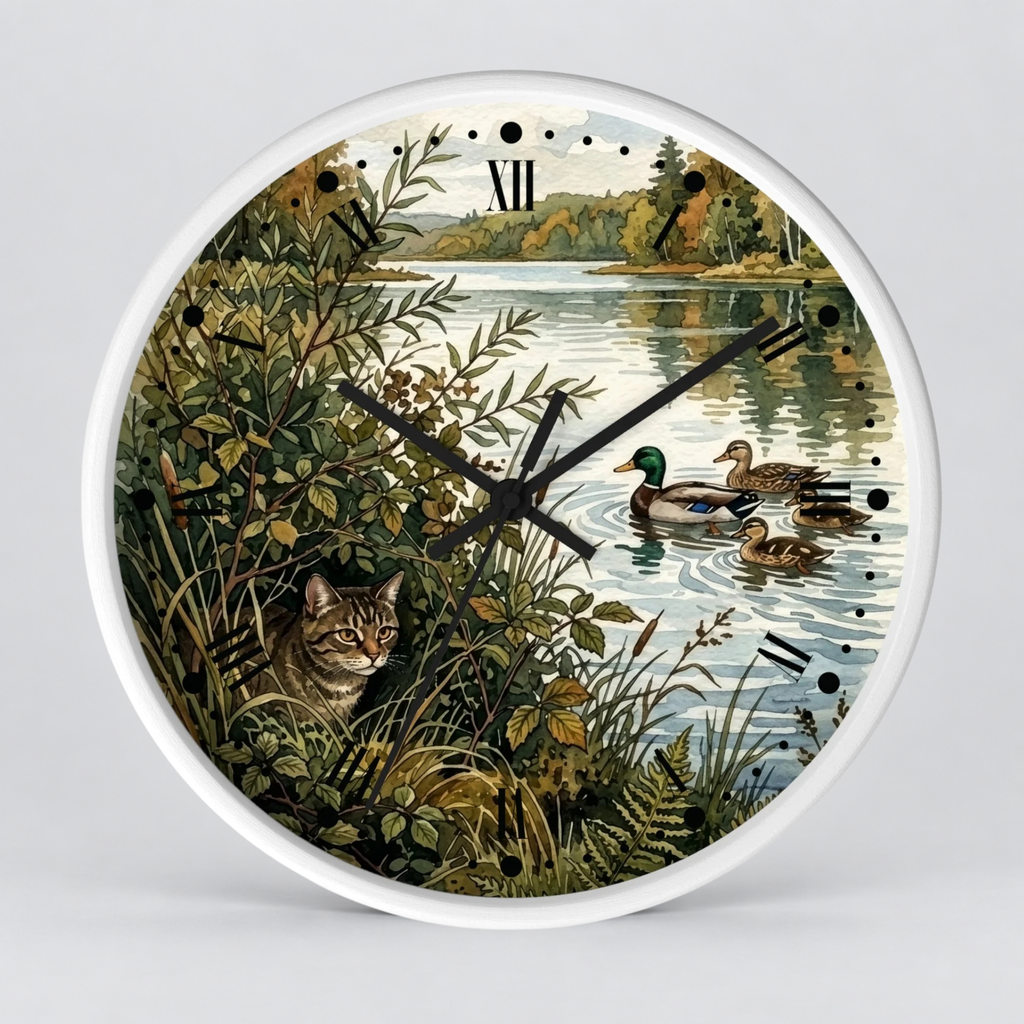 Woodland Cat and Ducks Lakeside Nature Wall Clock