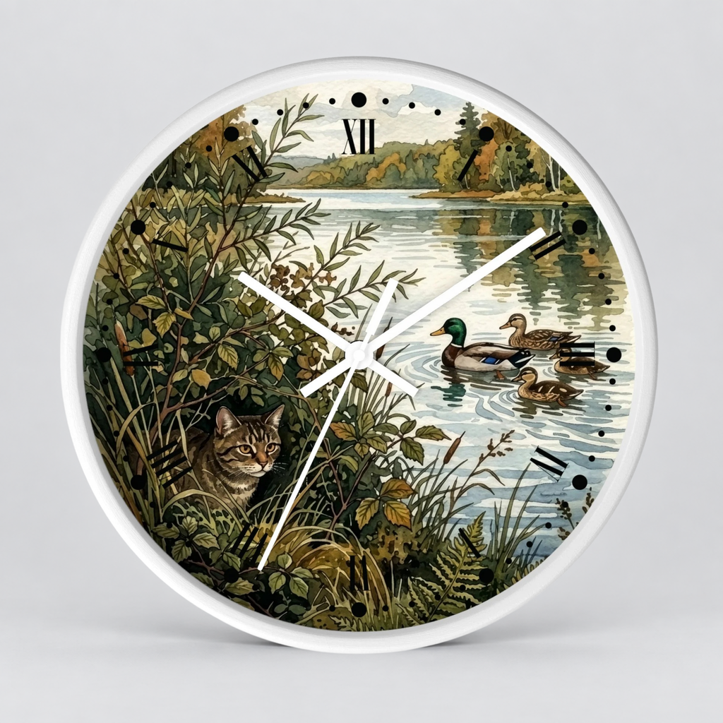 Woodland Cat and Ducks Lakeside Nature Wall Clock