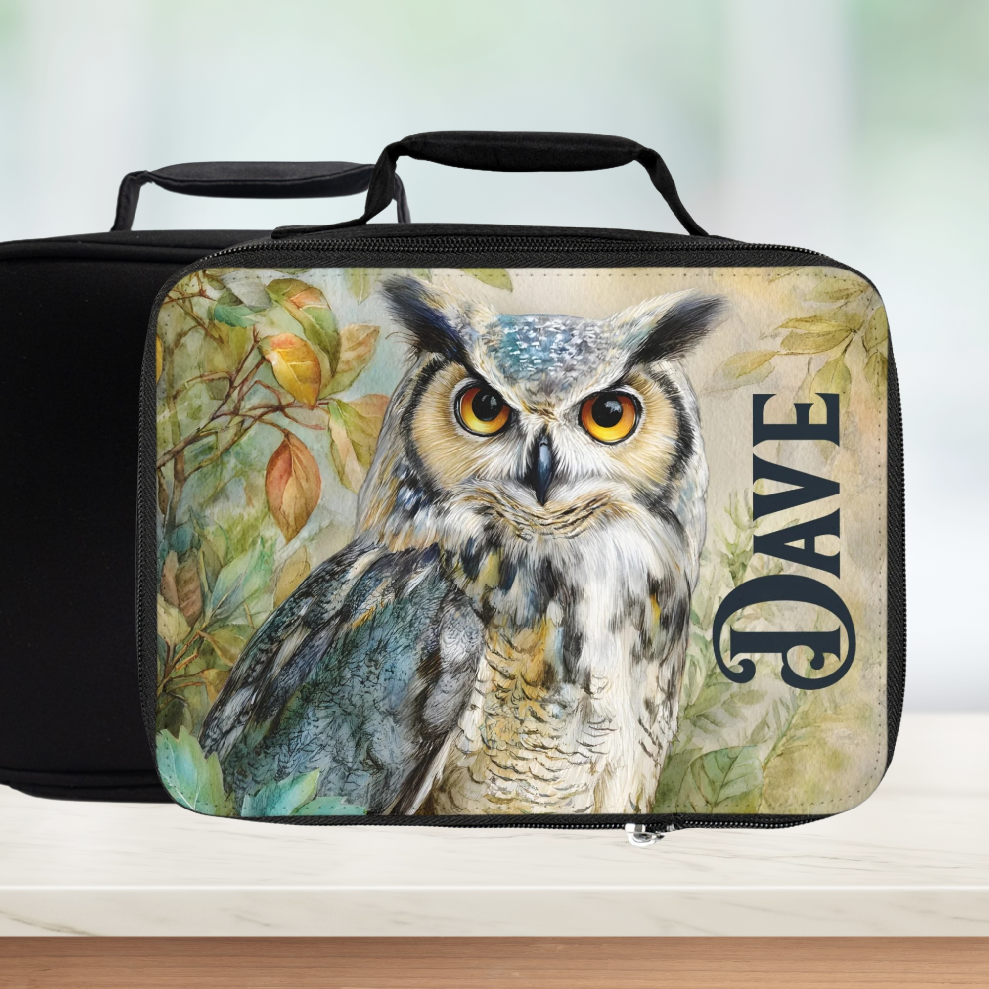  insulated lunch bag with an owl design and 'Dave' text on a counter with a blurred green background