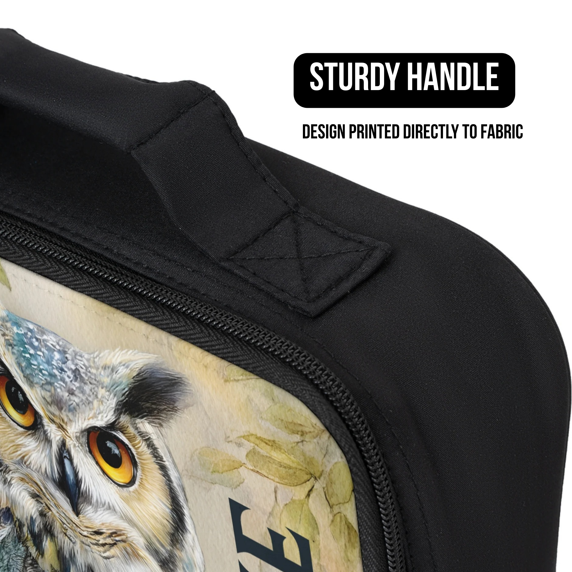 Black lunch bag with owl design printed directly to fabric and sturdy handle feature