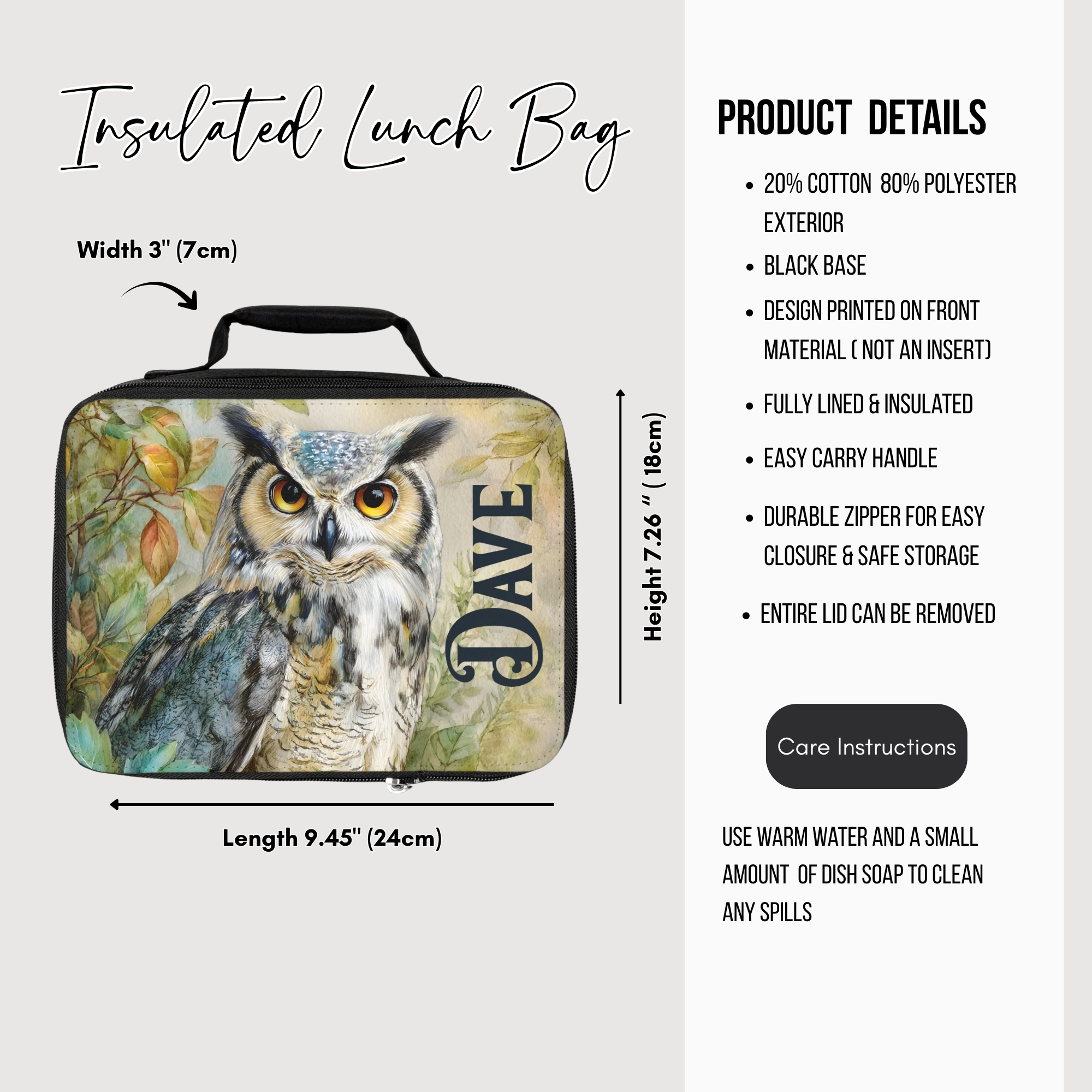 Insulated lunch bag with owl design and product details on a white background