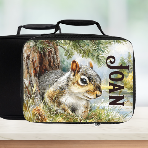  insulated lunch bag with a squirrel design and the name 'JOAN' on it