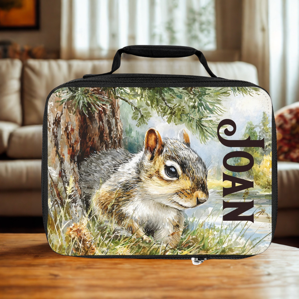 insulated lunch bag with a squirrel design and the name 'JOAN' on it, placed on a wooden living room table.