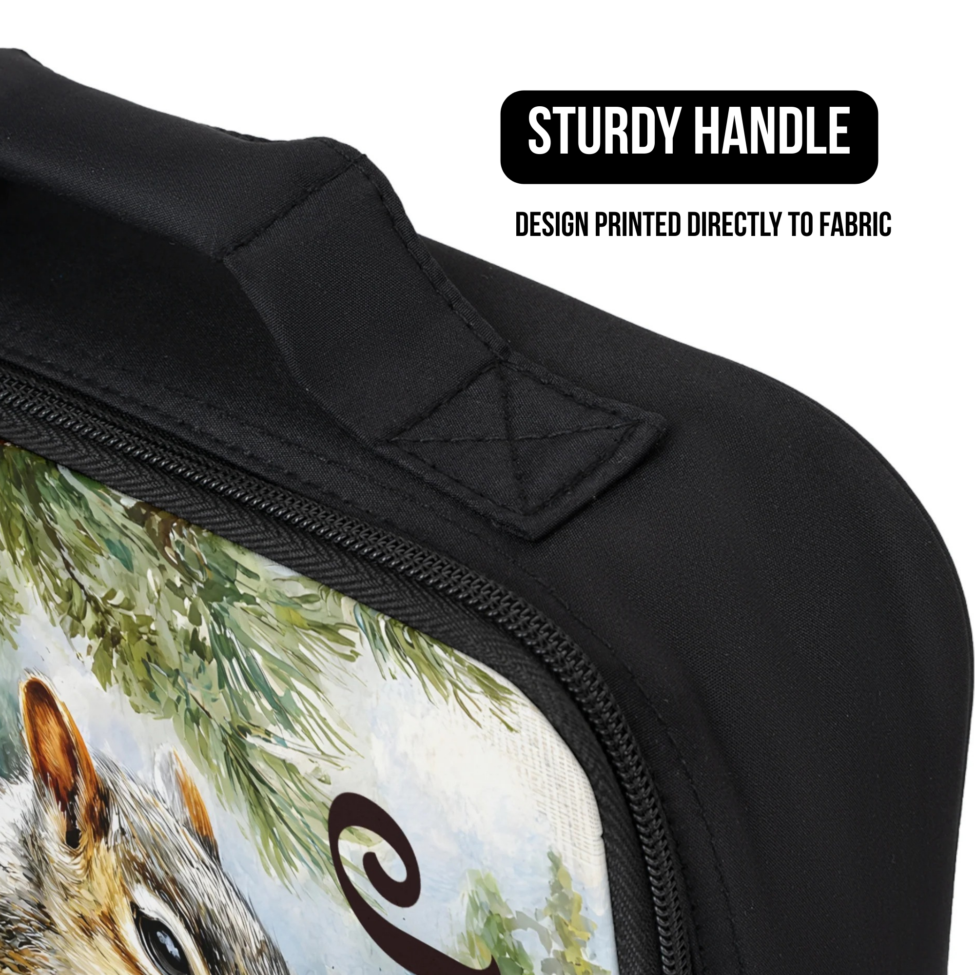 Black bag with a squirrel design printed directly to the fabric and sturdy handle feature