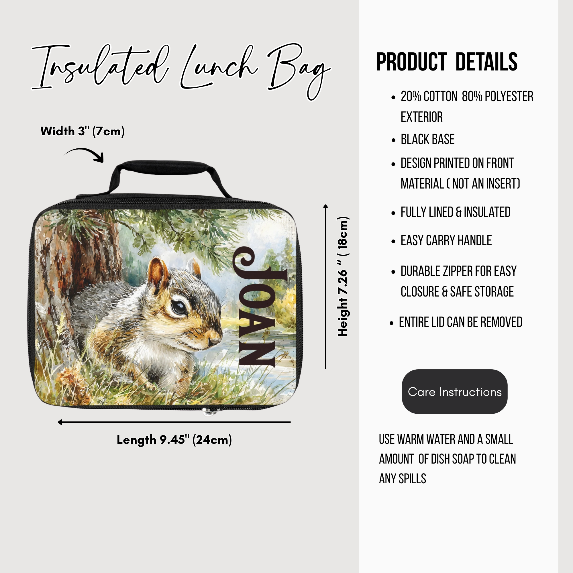 Insulated lunch bag with a squirrel design and product details on a white background