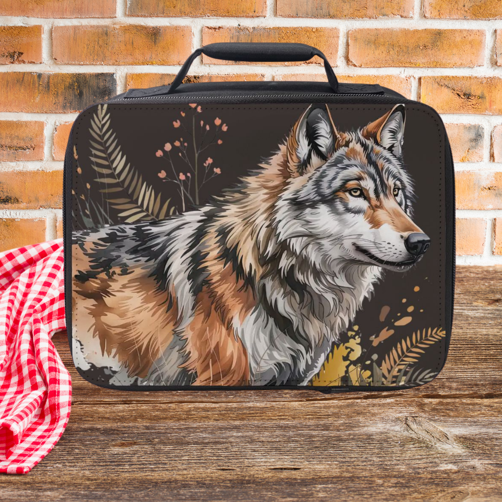 Insulated Lunch bag with wolf design on a wooden picnic table and brick wall background