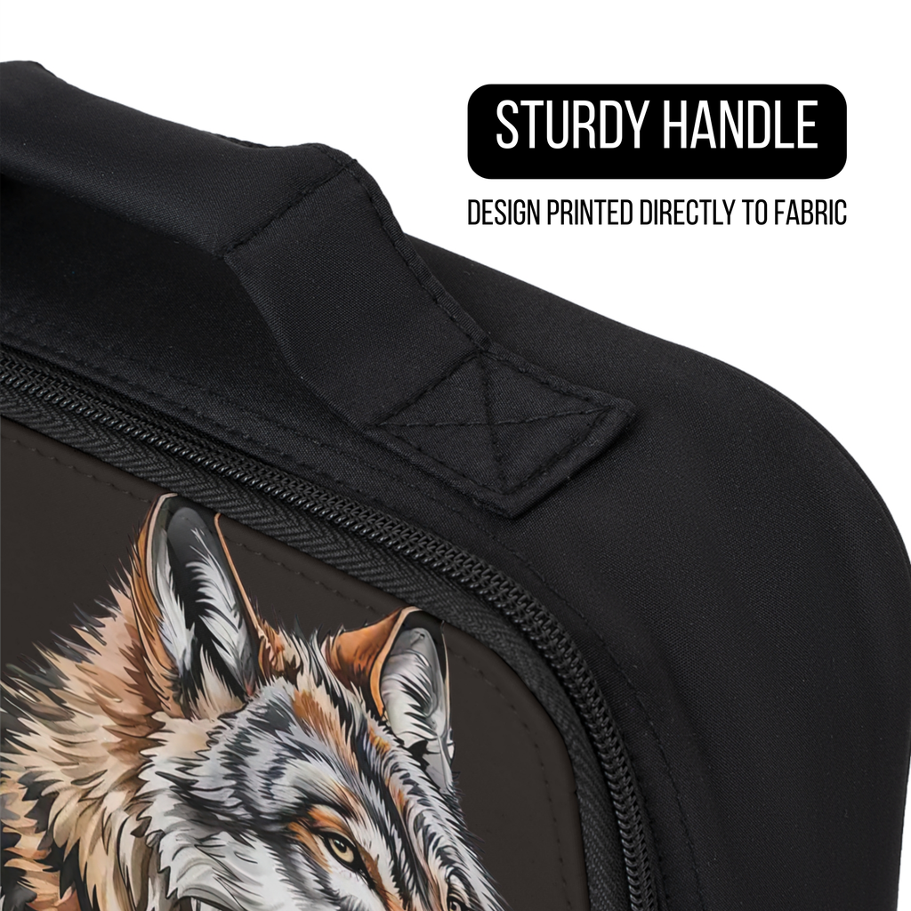 Black lunch bag with a wolf design printed directly to fabric and sturdy handle on a white background