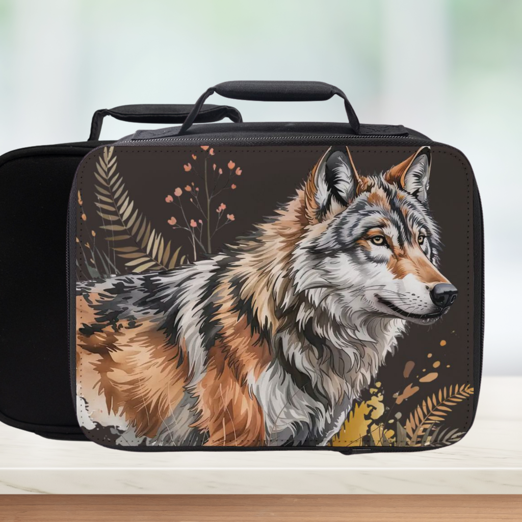 Lunch bag with a wolf design on a white background