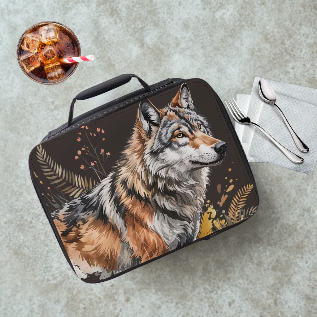 Lunch bag with wolf design on a cafeteria table with a drink and utensils.