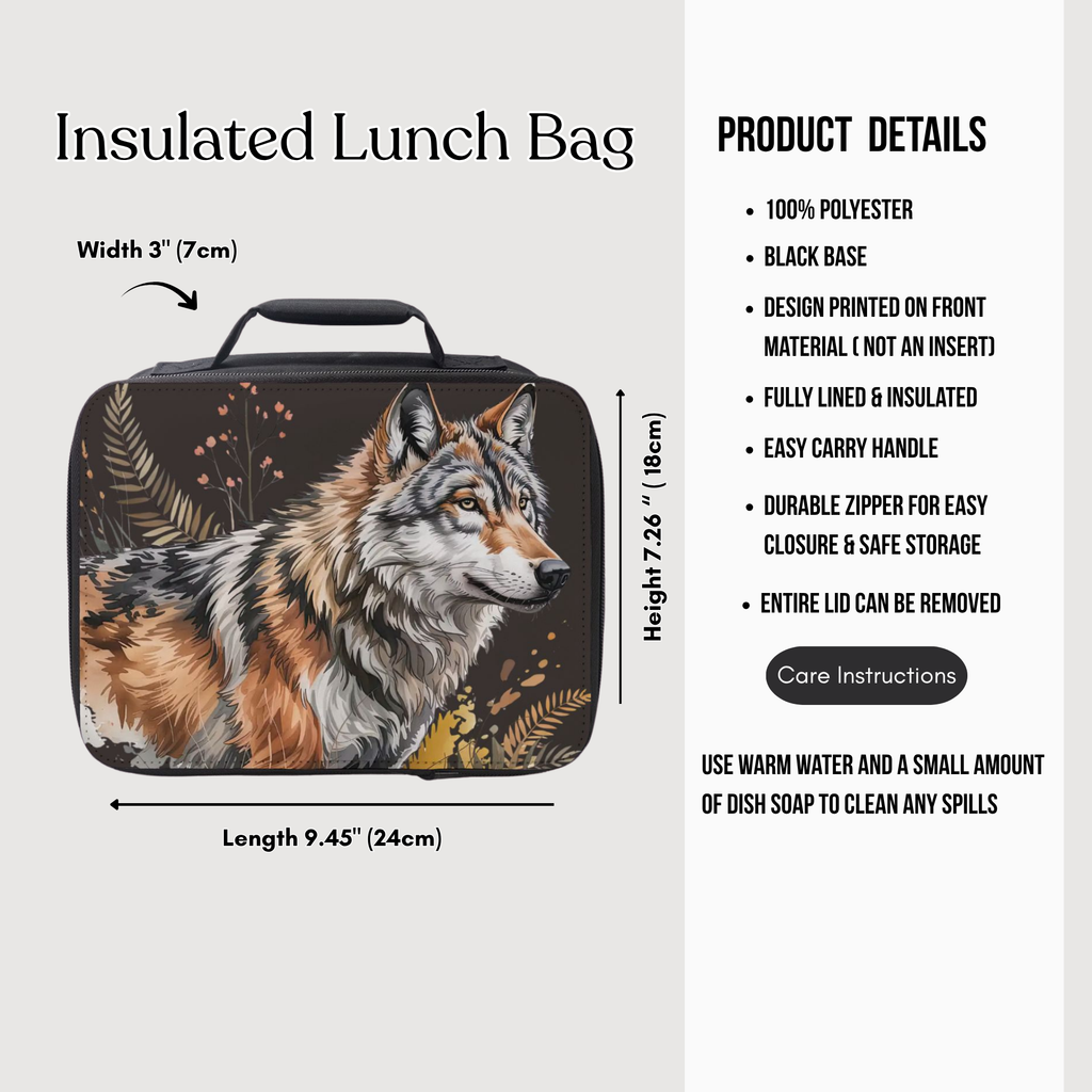 Insulated lunch bag with wolf design and product details on a white background