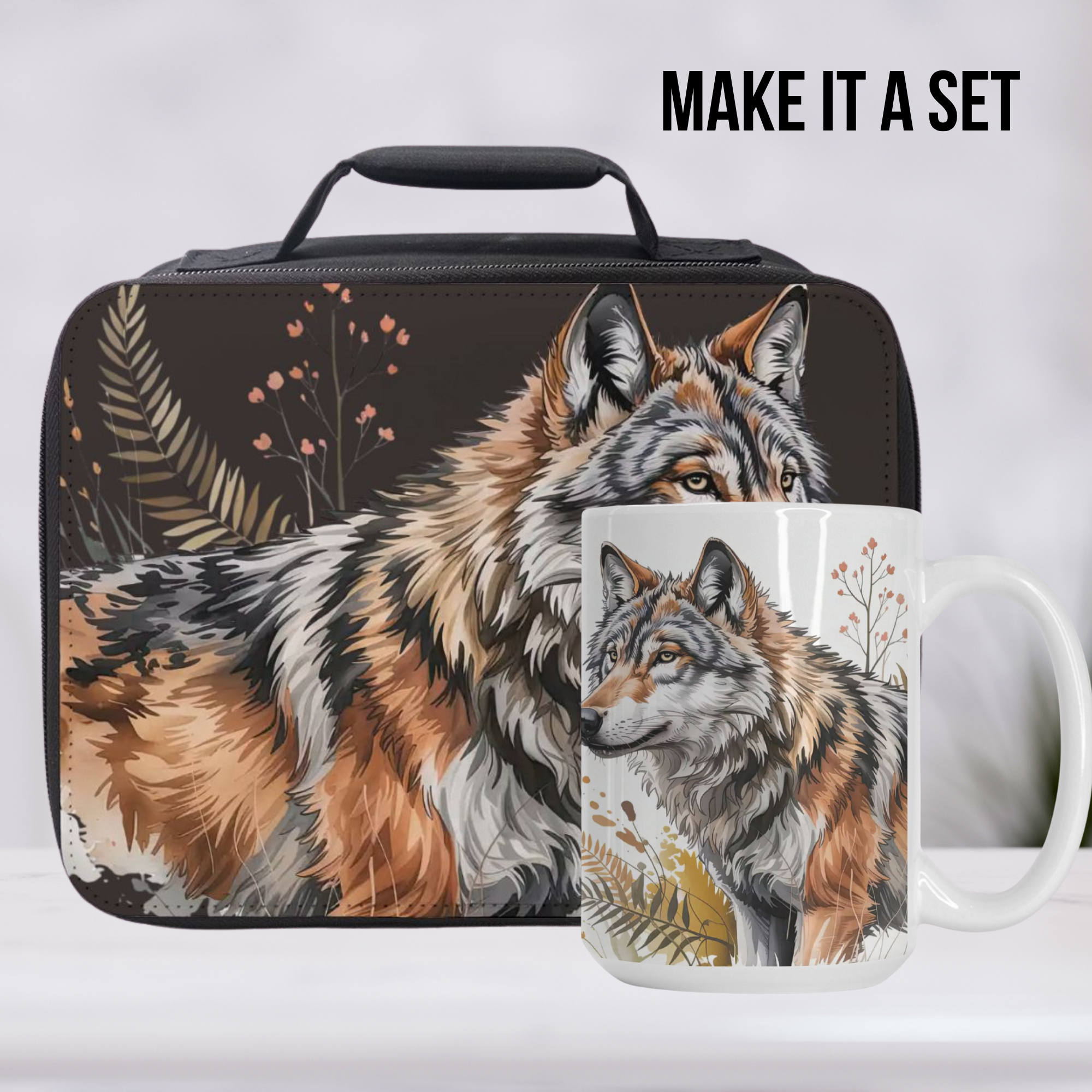 Lunch bag and mug set with wolf design on a white background