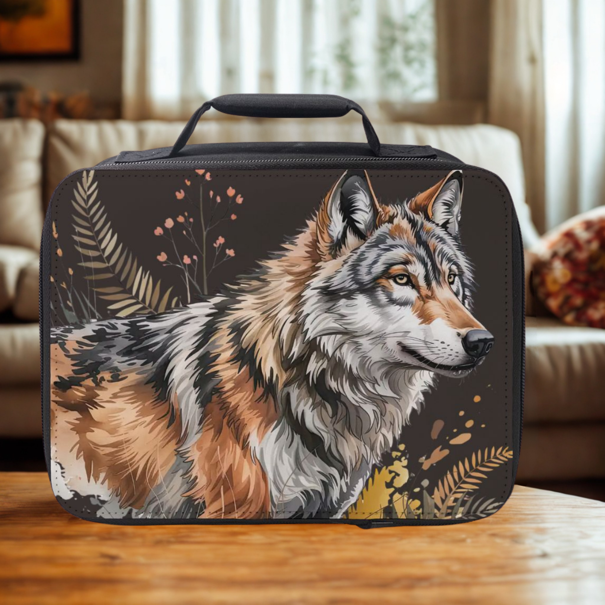 Lunch bag with a wolf design on a wooden table in a living room.
