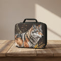 Lunch bag with a wolf design on a wooden surface.