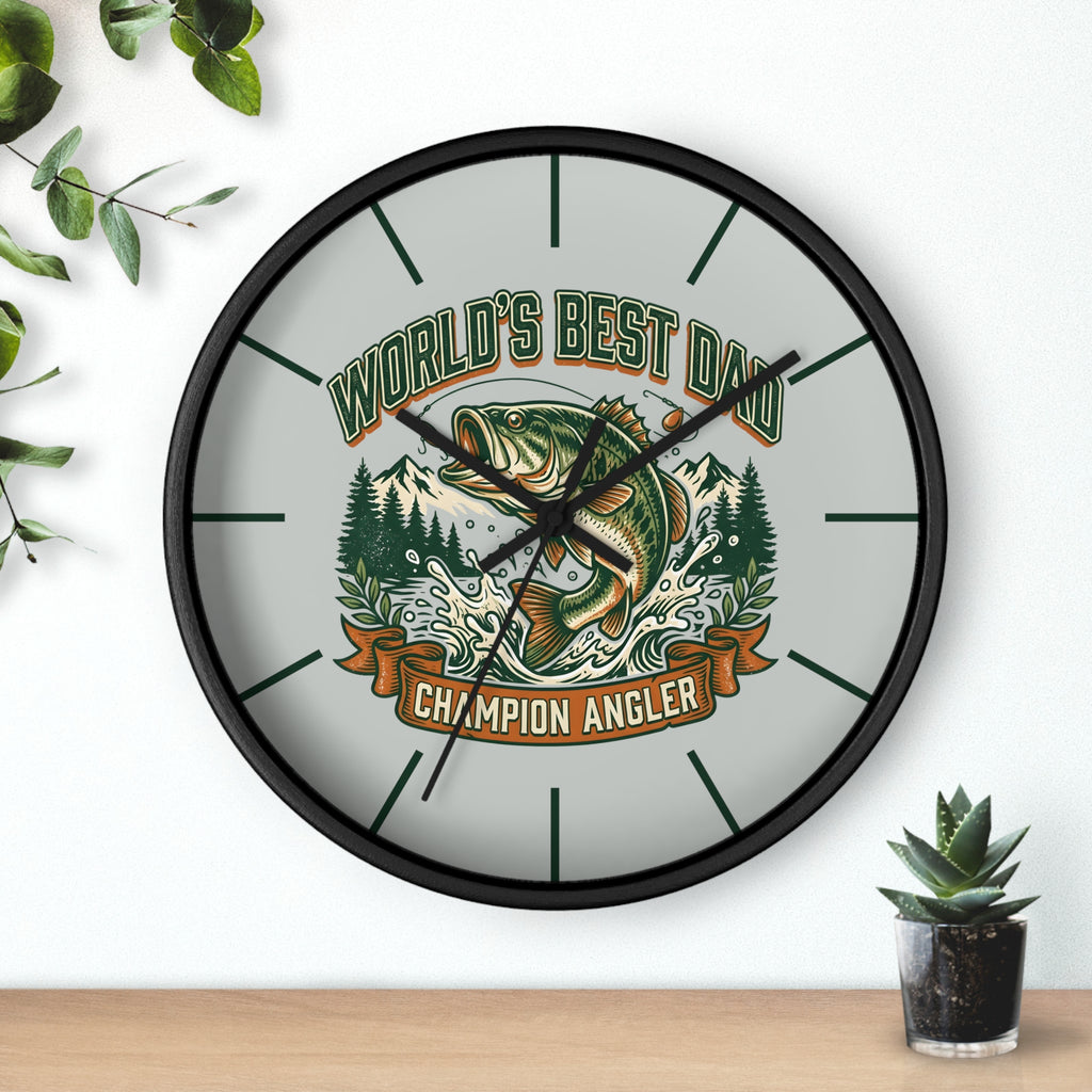 Wall clock with fishing design and text 'World's Best Dad, Champion Angler' on a white background.