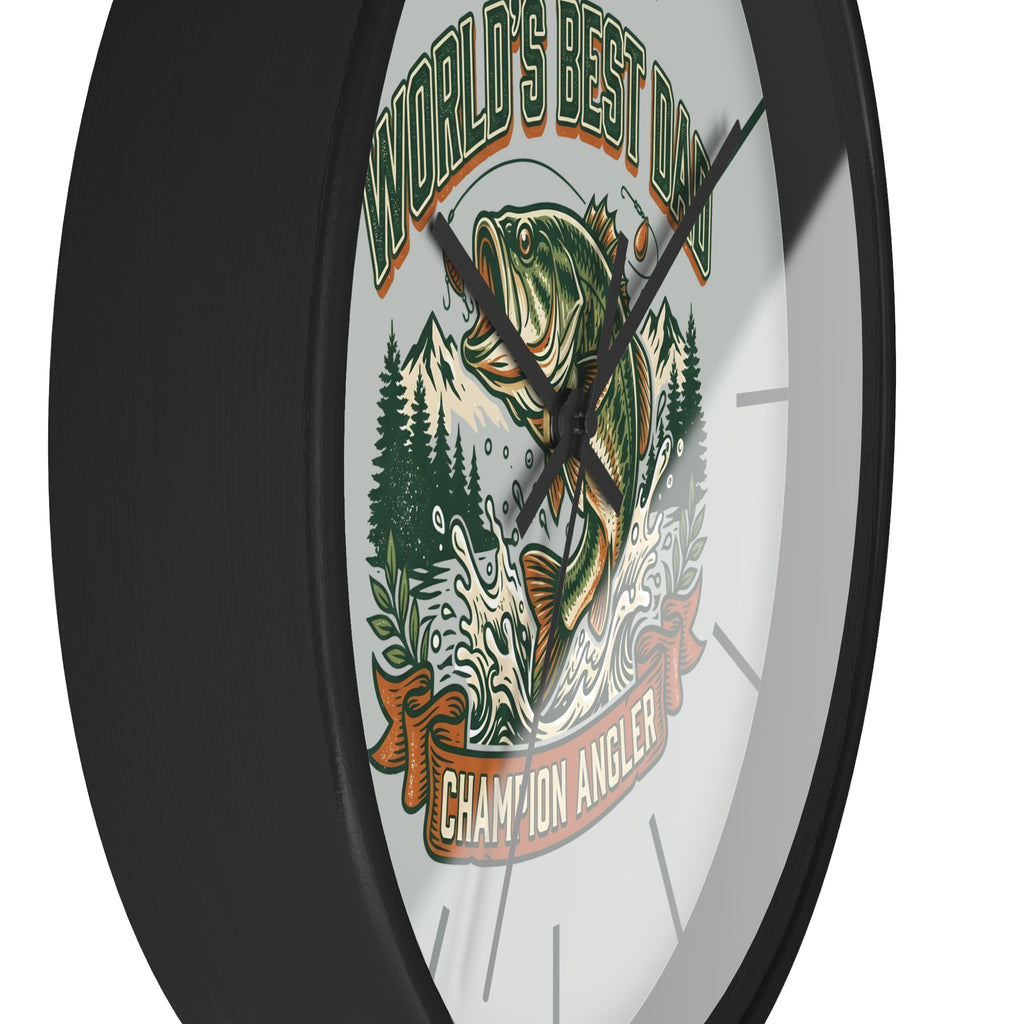 Side view of a round black wall clock with fishing-themed design and text 'World's Best Dad Champion Angler' on a white background.