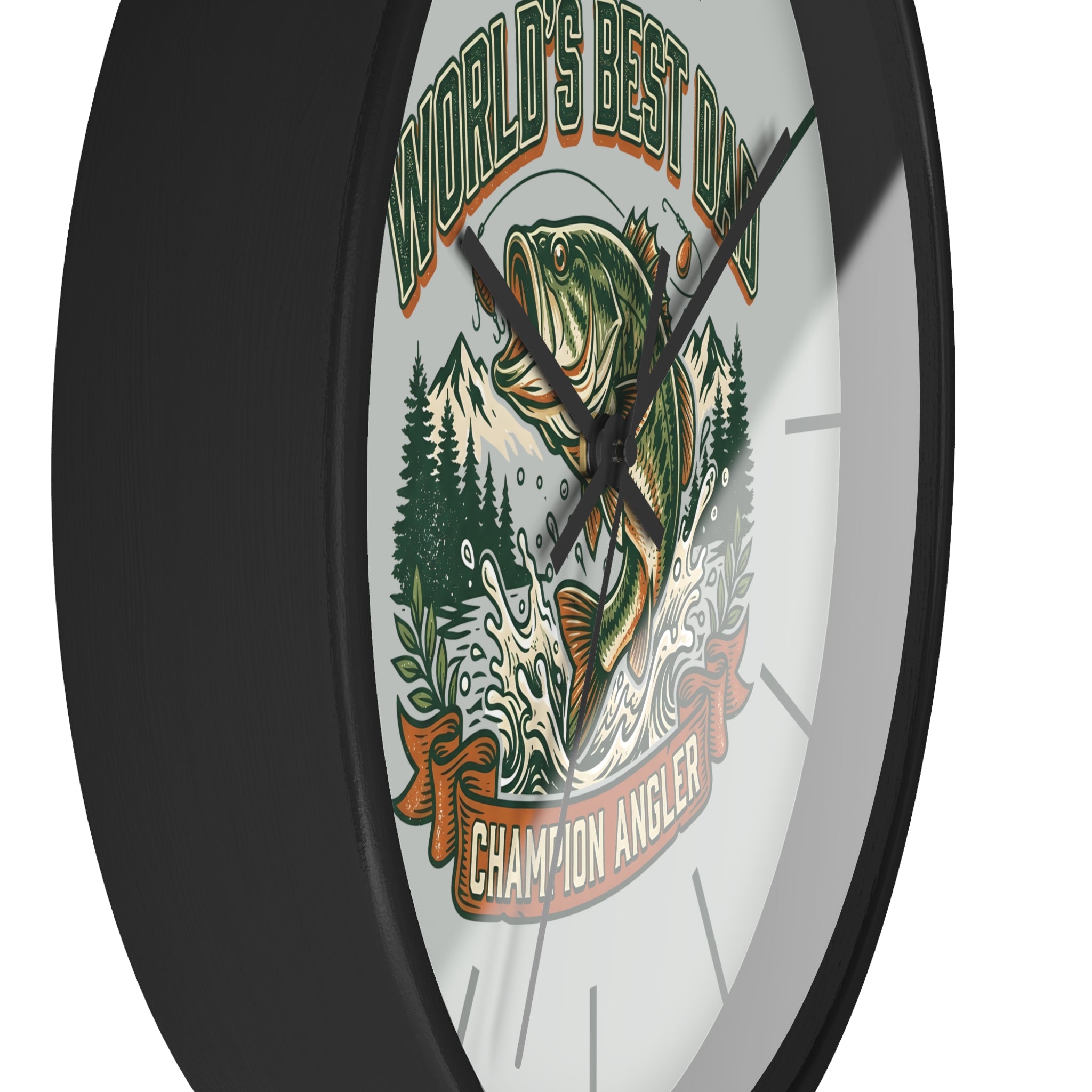 Side view of a round black wall clock with fishing-themed design and text 'World's Best Dad Champion Angler' on a white background.