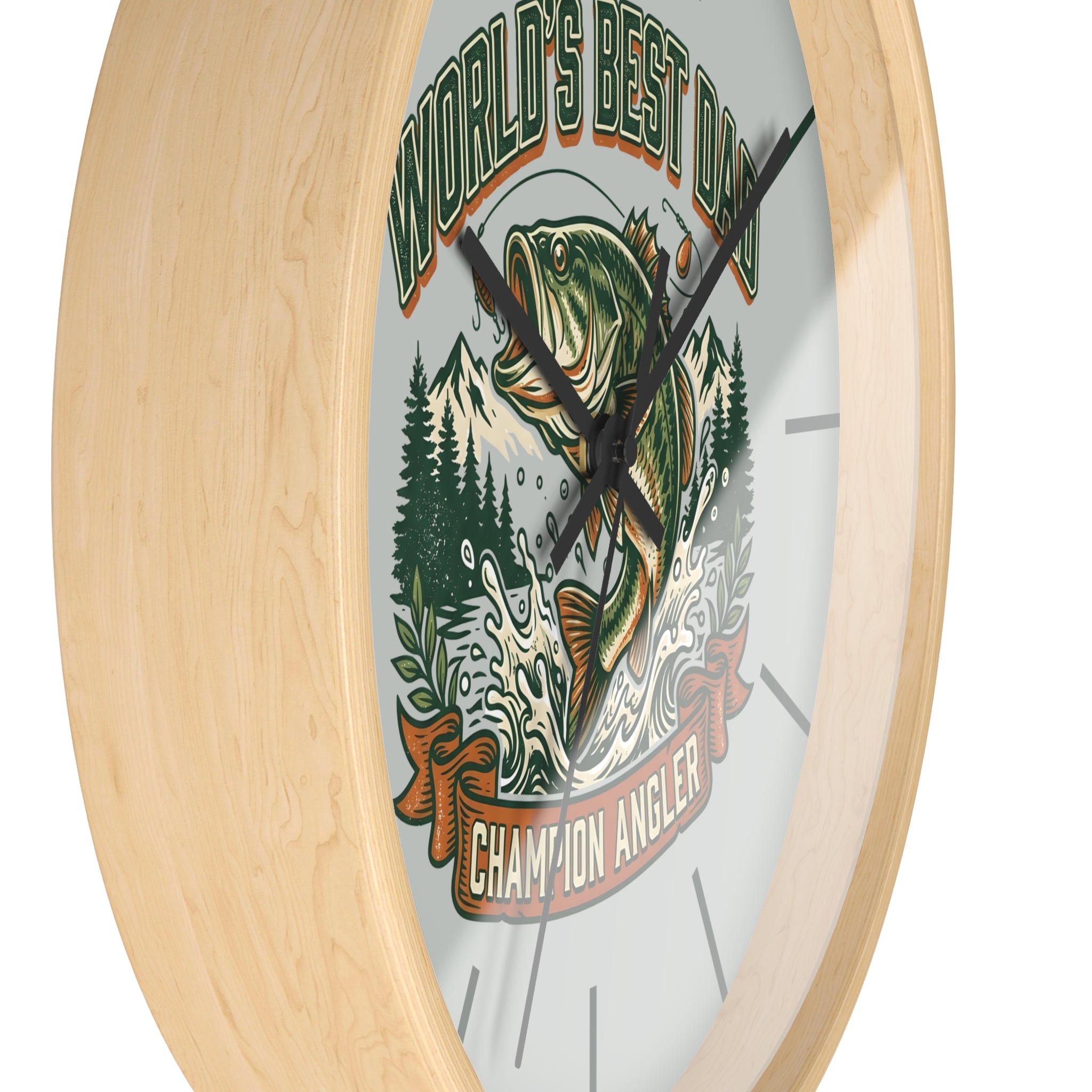 Side view of a round natural wood wall clock with black hands and  fishing-themed design and 'World's Best Dad Champion Angler' text.