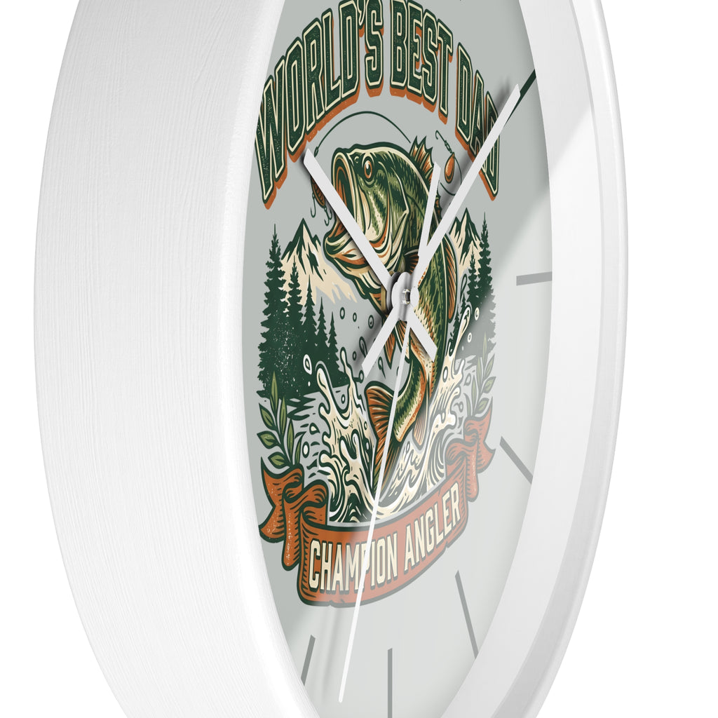 Side view of a round white wall clock with matching white hands and fishing design and text 'World's Best Dad, Champion Angler' on a white background
