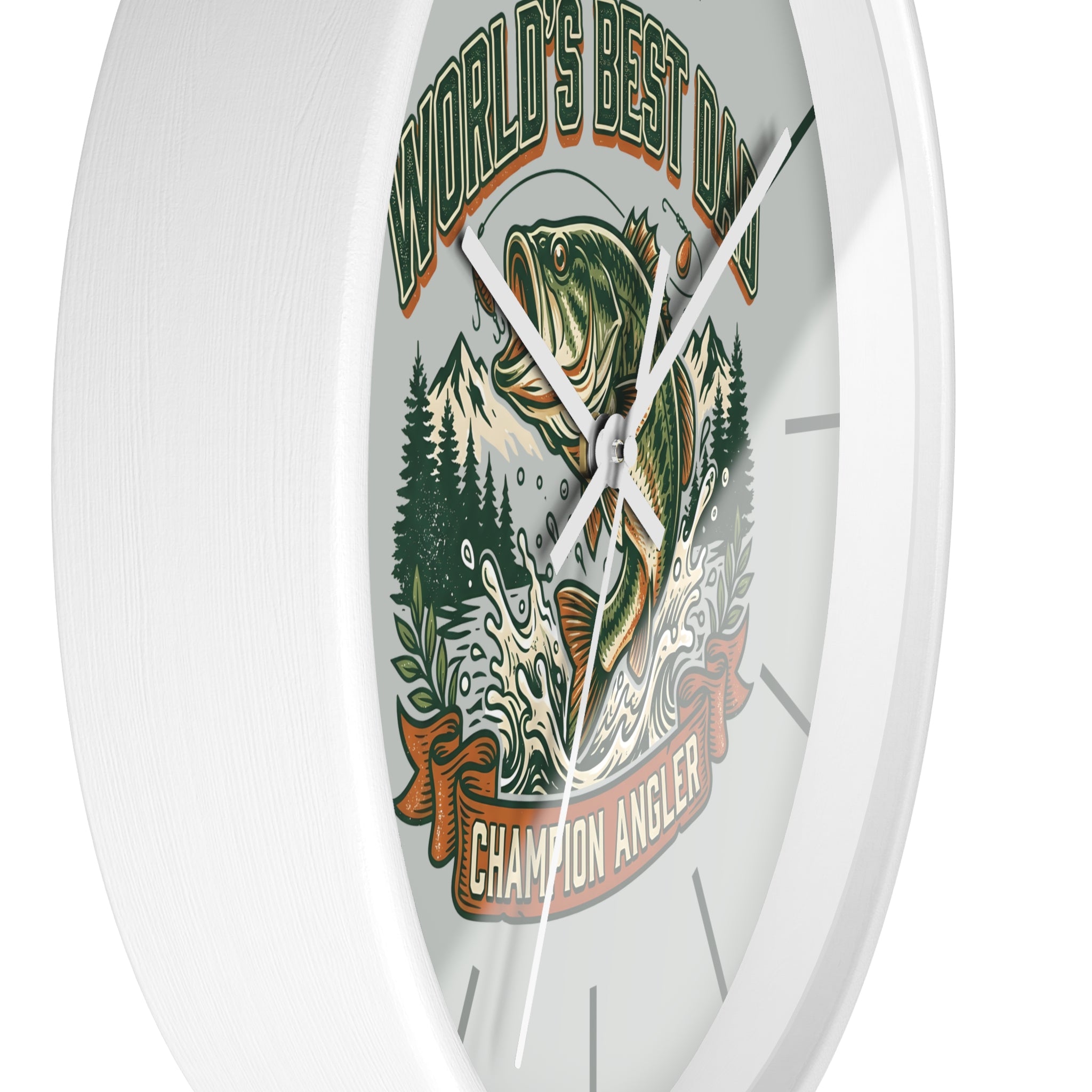 Side view of a round white wall clock with matching white hands and fishing design and text 'World's Best Dad, Champion Angler' on a white background