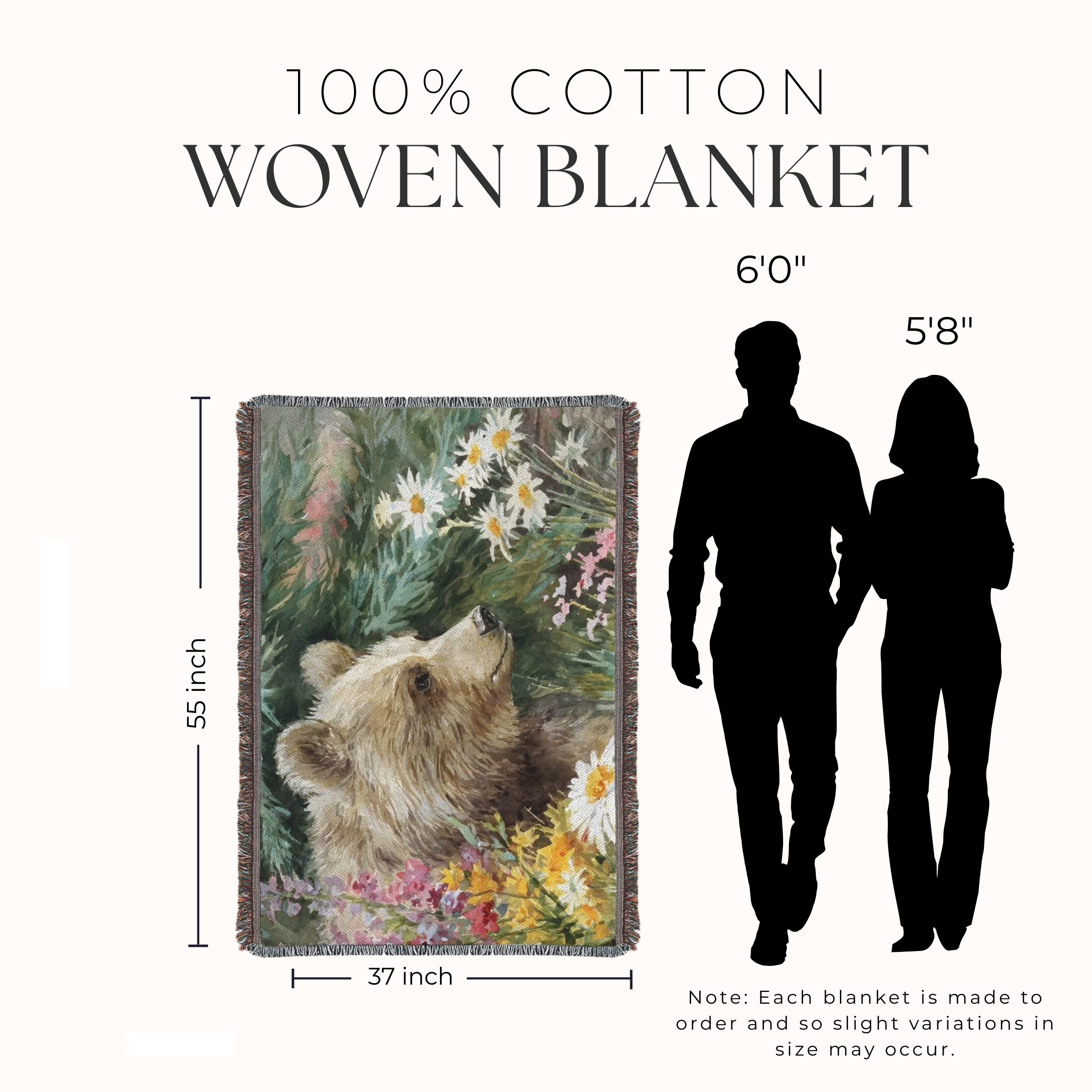 Woven blanket with bear design and dimensions shown, featuring a man and woman for scale.