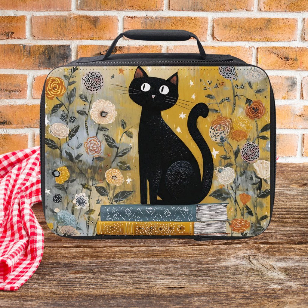 Lunch bag with a black cat, books, and yellow floral design on a wooden picnic table with a brick wall background