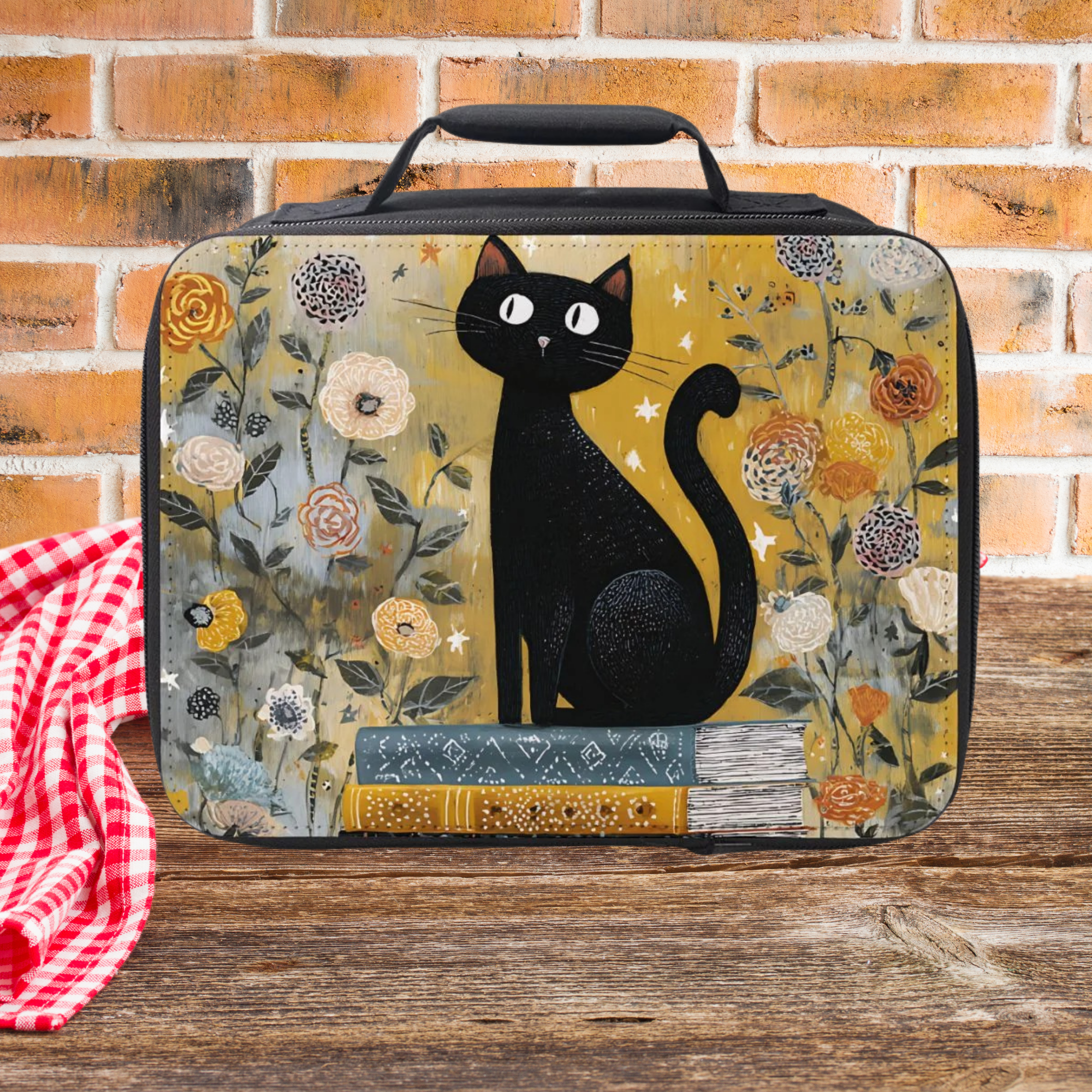 Lunch bag with a black cat, books, and yellow floral design on a wooden picnic table with a brick wall background