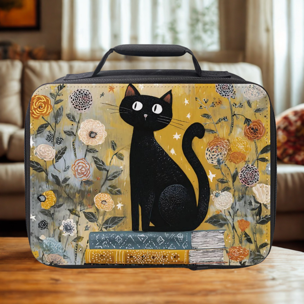 Lunch bag with a black cat and floral design on a wooden living room table.