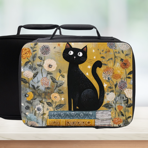Insulated lunch bag with a design of a black cat on books with a yellow floral background on a counter. 
